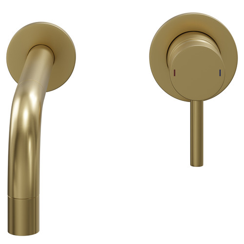 Colore Round Brushed Brass Wall Mounted 2 Tap Hole Basin Mixer Tap Front View