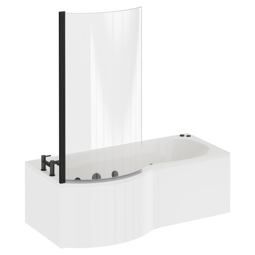 Plage 1700mm 6 Jet Matt Black V-Tec Left Hand P Shaped Whirlpool Shower Bath with Bath Screen and Front Bath Panel Left Hand View