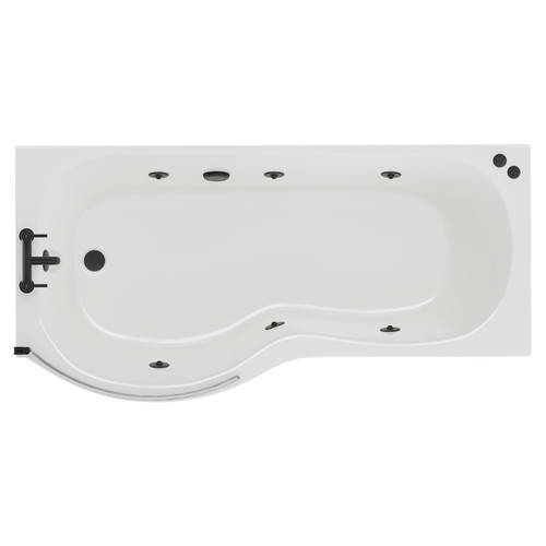 Plage 1700mm 6 Jet Matt Black V-Tec Left Hand P Shaped Whirlpool Shower Bath with Bath Screen and Front Bath Panel Top View
