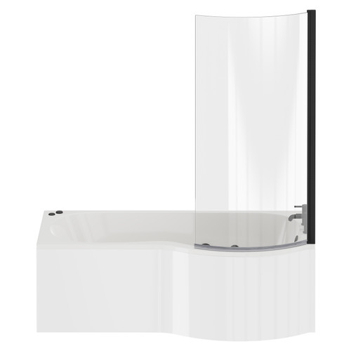 Plage 1700mm 6 Jet Matt Black V-Tec Right Hand P Shaped Whirlpool Shower Bath with Bath Screen and Front Bath Panel Front View
