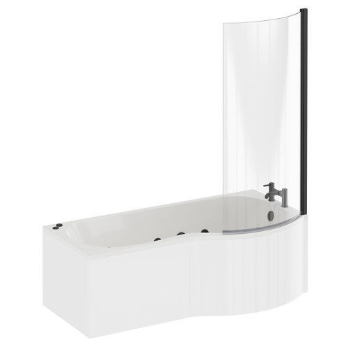 Plage 1700mm 6 Jet Matt Black V-Tec Right Hand P Shaped Whirlpool Shower Bath with Bath Screen and Front Bath Panel Left Hand View