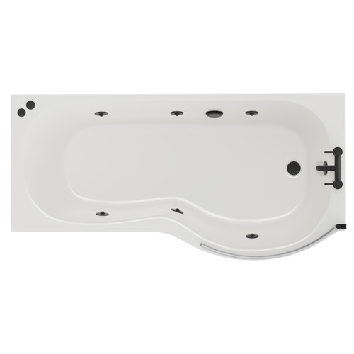 Plage 1700mm 6 Jet Matt Black V-Tec Right Hand P Shaped Whirlpool Shower Bath with Bath Screen and Front Bath Panel Top View