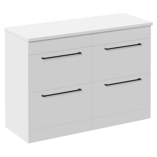 Napoli Gloss White 1200mm Floor Standing Vanity Unit for Countertop Basins with 4 Drawers and Matt Black Handles Left Hand View