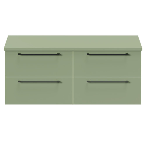 Napoli Olive Green 1200mm Wall Mounted Vanity Unit for Countertop Basins with 4 Drawers and Gunmetal Grey Handles Front View