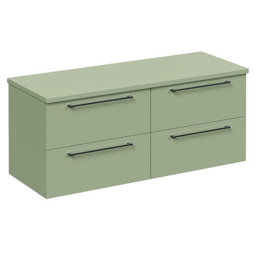 Napoli Olive Green 1200mm Wall Mounted Vanity Unit for Countertop Basins with 4 Drawers and Gunmetal Grey Handles Left Hand View
