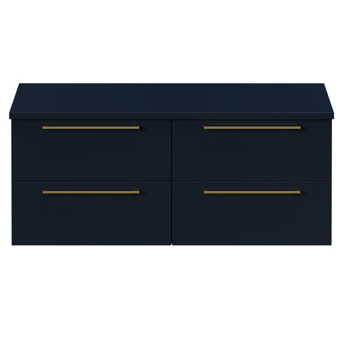 Napoli Deep Blue 1200mm Wall Mounted Vanity Unit for Countertop Basins with 4 Drawers and Brushed Brass Handles Front View