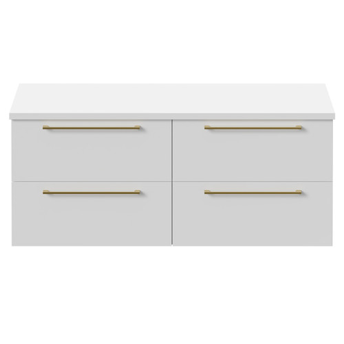 Napoli Gloss White 1200mm Wall Mounted Vanity Unit for Countertop Basins with 4 Drawers and Brushed Brass Handles Front View Napoli Gloss White 1200mm Wall Mounted Vanity Unit for Countertop Basins with 4 Drawers and Brushed Brass Handles Front View