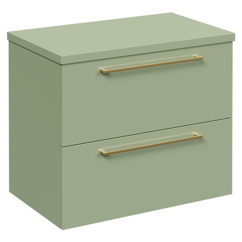 Napoli 390 Olive Green 600mm Wall Mounted Vanity Unit for Countertop Basins with 2 Drawers and Brushed Brass Handles Left Hand View