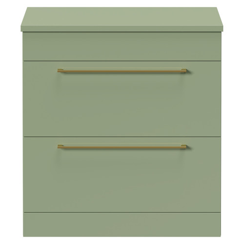 Napoli 390 Olive Green 800mm Floor Standing Vanity Unit for Countertop Basins with 2 Drawers and Brushed Brass Handles Front View