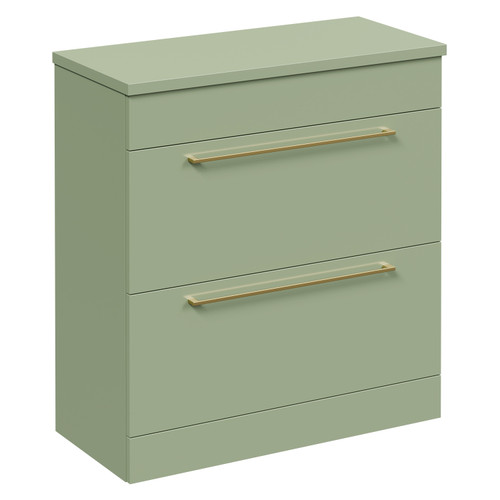 Napoli 390 Olive Green 800mm Floor Standing Vanity Unit for Countertop Basins with 2 Drawers and Brushed Brass Handles Left Hand View