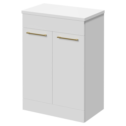 Napoli 390 Gloss White 600mm Floor Standing Vanity Unit for Countertop Basins with 2 Doors and Brushed Brass Handles Right Hand View
