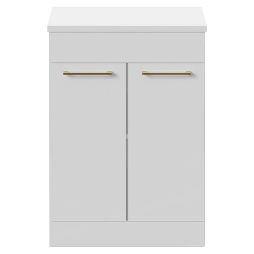 Napoli 390 Gloss White 600mm Floor Standing Vanity Unit for Countertop Basins with 2 Doors and Brushed Brass Handles Front View