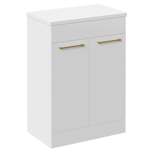 Napoli 390 Gloss White 600mm Floor Standing Vanity Unit for Countertop Basins with 2 Doors and Brushed Brass Handles Left Hand View