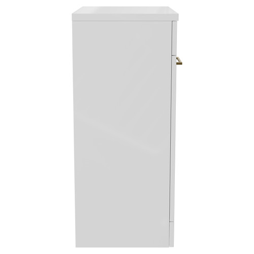 Napoli 390 Gloss White 600mm Floor Standing Vanity Unit for Countertop Basins with 2 Doors and Brushed Brass Handles Side View