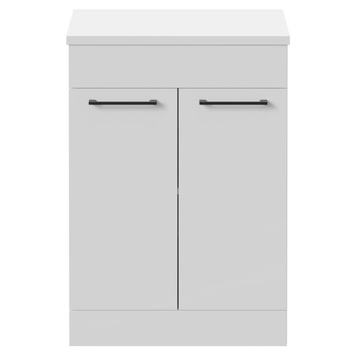 Napoli 390 Gloss White 600mm Floor Standing Vanity Unit for Countertop Basins with 2 Doors and Matt Black Handles Front View