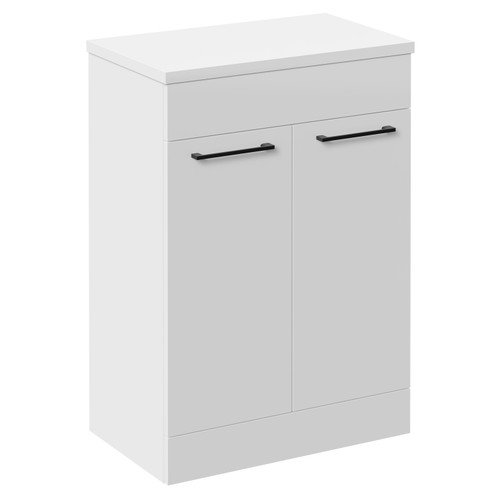 Napoli 390 Gloss White 600mm Floor Standing Vanity Unit for Countertop Basins with 2 Doors and Matt Black Handles Left Hand View
