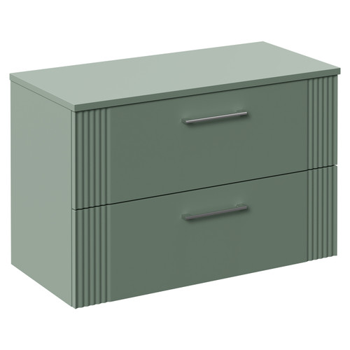 Avant Satin Green 800mm Wall Mounted Vanity Unit for Countertop Basins with 2 Drawers and Polished Chrome Handles Left Hand View