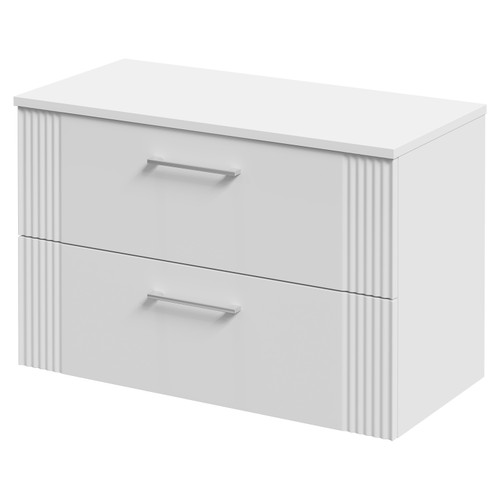 Avant Satin White 800mm Wall Mounted Vanity Unit for Countertop Basins with 2 Drawers and Polished Chrome Handles Right Hand View