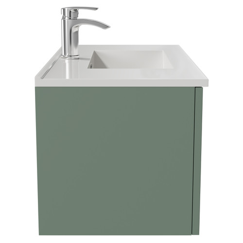 Avant Satin Green 800mm Wall Mounted Vanity Unit with 1 Tap Hole Minimalist Basin and Single Drawer with Polished Chrome Handle Side View