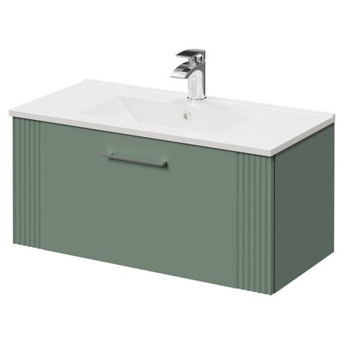 Avant Satin Green 800mm Wall Mounted Vanity Unit with 1 Tap Hole Minimalist Basin and Single Drawer with Polished Chrome Handle Right Hand View
