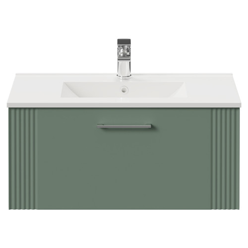 Avant Satin Green 800mm Wall Mounted Vanity Unit with 1 Tap Hole Minimalist Basin and Single Drawer with Polished Chrome Handle Front View