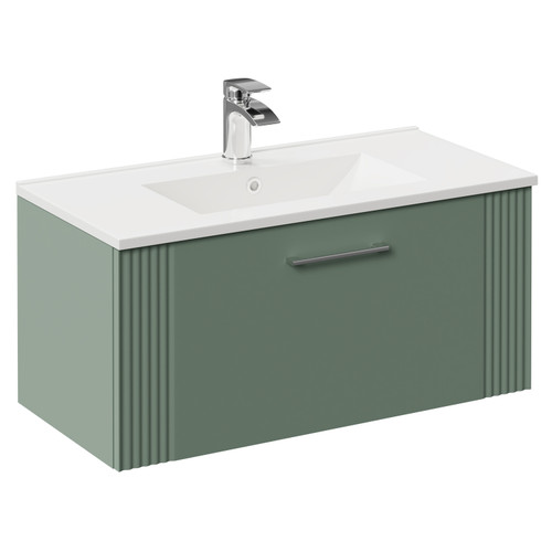 Avant Satin Green 800mm Wall Mounted Vanity Unit with 1 Tap Hole Minimalist Basin and Single Drawer with Polished Chrome Handle Left Hand View