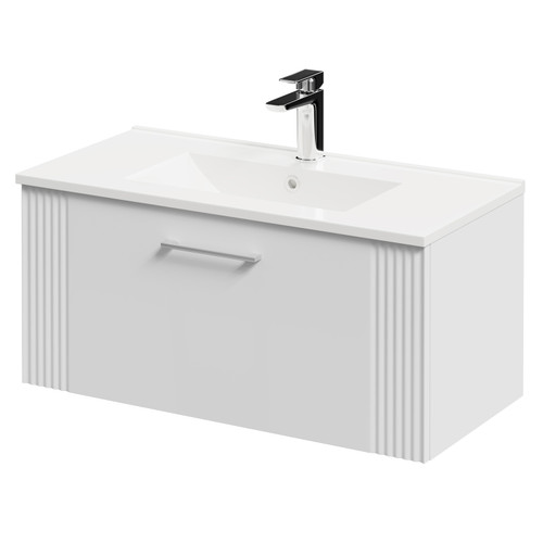 Avant Satin White 800mm Wall Mounted Vanity Unit with 1 Tap Hole Minimalist Basin and Single Drawer with Polished Chrome Handle Right Hand View