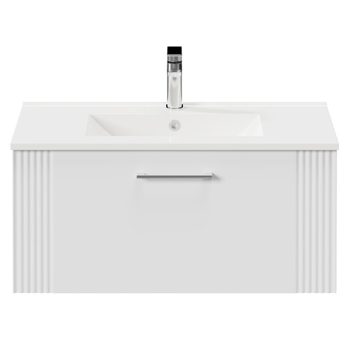 Avant Satin White 800mm Wall Mounted Vanity Unit with 1 Tap Hole Minimalist Basin and Single Drawer with Polished Chrome Handle Front View