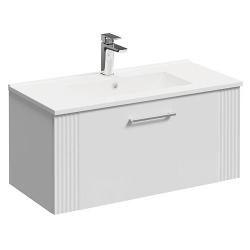 Avant Satin White 800mm Wall Mounted Vanity Unit with 1 Tap Hole Minimalist Basin and Single Drawer with Polished Chrome Handle Left Hand View
