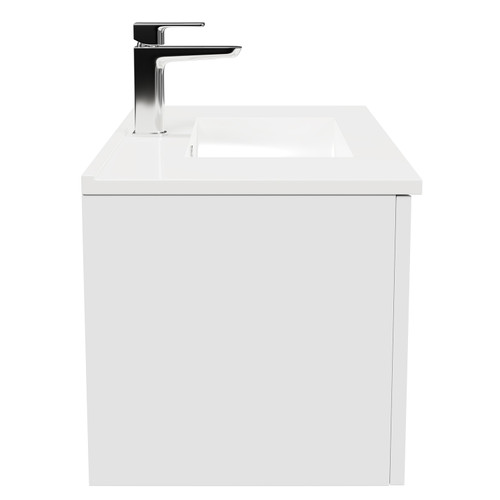 Avant Satin White 800mm Wall Mounted Vanity Unit with 1 Tap Hole Minimalist Basin and Single Drawer with Polished Chrome Handle Side View