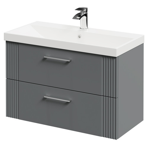 Avant Satin Grey 800mm Wall Mounted Vanity Unit with 1 Tap Hole Slim Edge Basin and 2 Drawers with Polished Chrome Handles Right Hand View
