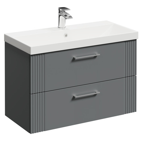 Avant Satin Grey 800mm Wall Mounted Vanity Unit with 1 Tap Hole Slim Edge Basin and 2 Drawers with Polished Chrome Handles Left Hand View