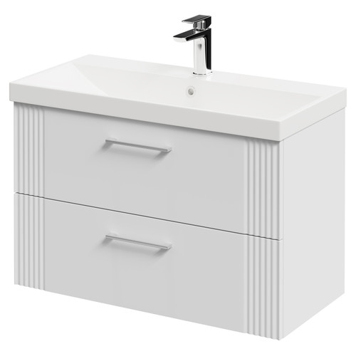 Avant Satin White 800mm Wall Mounted Vanity Unit with 1 Tap Hole Slim Edge Basin and 2 Drawers with Polished Chrome Handles Right Hand View