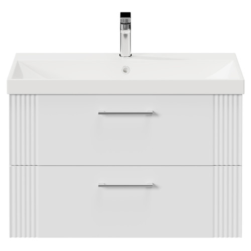 Avant Satin White 800mm Wall Mounted Vanity Unit with 1 Tap Hole Slim Edge Basin and 2 Drawers with Polished Chrome Handles Front View