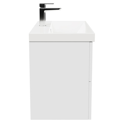 Avant Satin White 800mm Wall Mounted Vanity Unit with 1 Tap Hole Slim Edge Basin and 2 Drawers with Polished Chrome Handles Side View