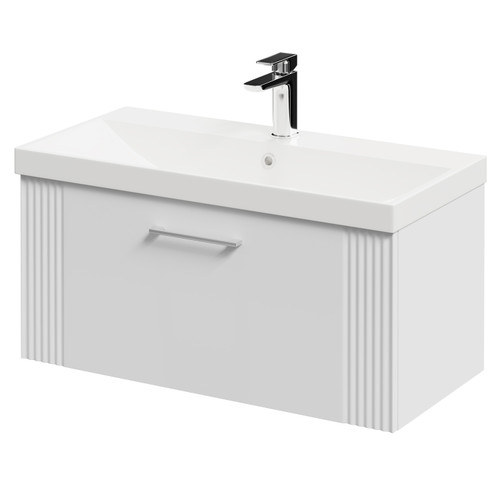 Avant Satin White 800mm Wall Mounted Vanity Unit with 1 Tap Hole Slim Edge Basin and Single Drawer with Polished Chrome Handle Right Hand View