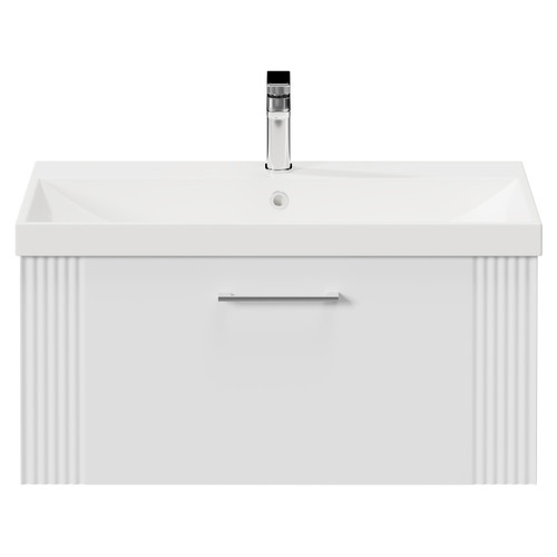 Avant Satin White 800mm Wall Mounted Vanity Unit with 1 Tap Hole Slim Edge Basin and Single Drawer with Polished Chrome Handle Front View