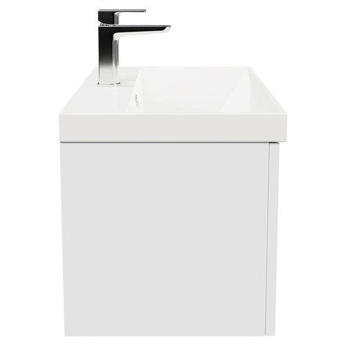 Avant Satin White 800mm Wall Mounted Vanity Unit with 1 Tap Hole Slim Edge Basin and Single Drawer with Polished Chrome Handle Side View