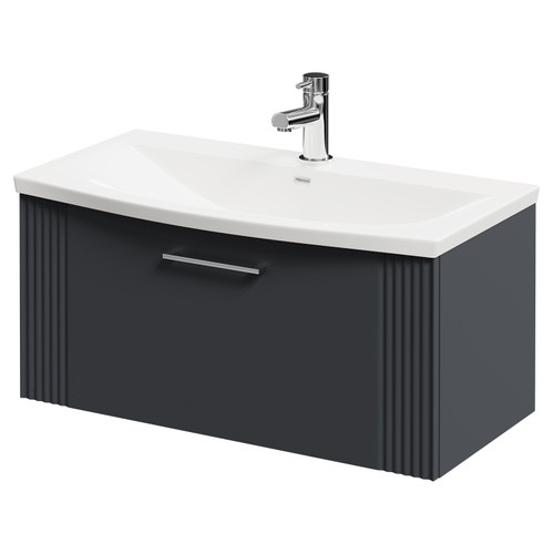 Avant Satin Anthracite 800mm Wall Mounted Vanity Unit with 1 Tap Hole Curved Basin and Single Drawer with Polished Chrome Handle Right Hand View