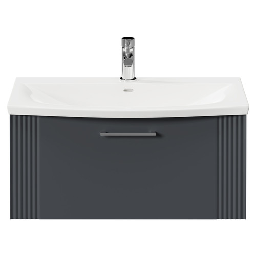 Avant Satin Anthracite 800mm Wall Mounted Vanity Unit with 1 Tap Hole Curved Basin and Single Drawer with Polished Chrome Handle Front View