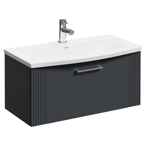 Avant Satin Anthracite 800mm Wall Mounted Vanity Unit with 1 Tap Hole Curved Basin and Single Drawer with Polished Chrome Handle Left Hand View