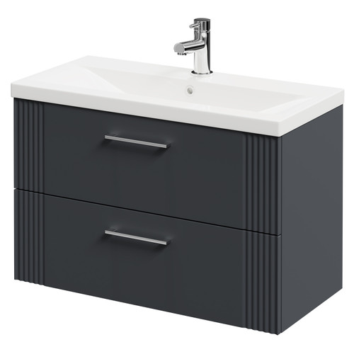 Avant Satin Anthracite 800mm Wall Mounted Vanity Unit with 1 Tap Hole Mid Edge Basin and 2 Drawers and Polished Chrome Handles Right Hand View