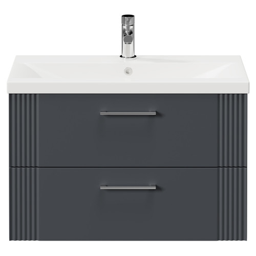 Avant Satin Anthracite 800mm Wall Mounted Vanity Unit with 1 Tap Hole Mid Edge Basin and 2 Drawers and Polished Chrome Handles Front View