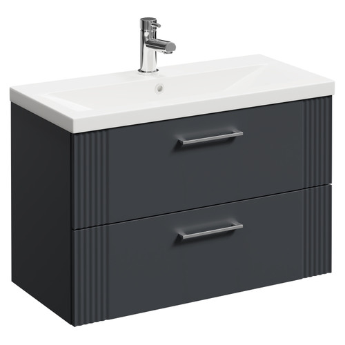 Avant Satin Anthracite 800mm Wall Mounted Vanity Unit with 1 Tap Hole Mid Edge Basin and 2 Drawers and Polished Chrome Handles Left Hand View