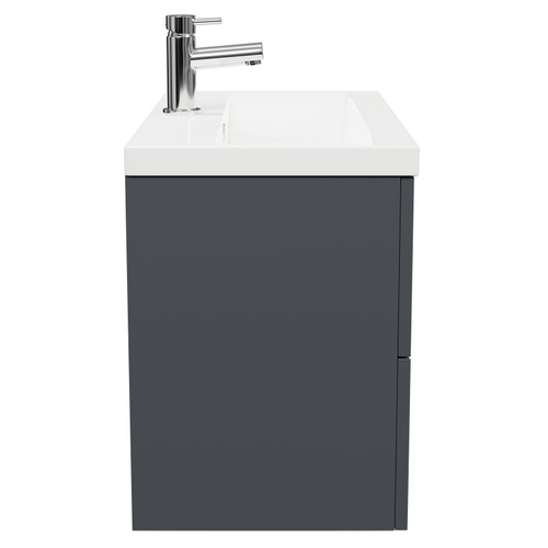 Avant Satin Anthracite 800mm Wall Mounted Vanity Unit with 1 Tap Hole Mid Edge Basin and 2 Drawers and Polished Chrome Handles Side View