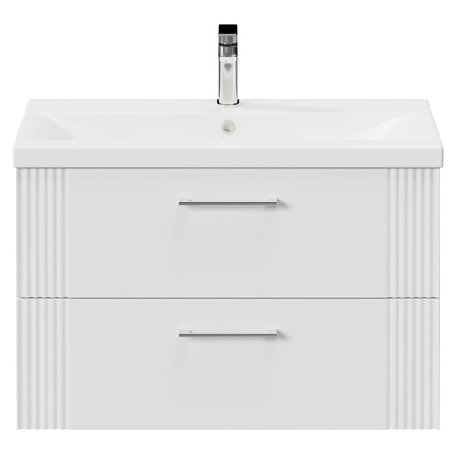 Avant Satin White 800mm Wall Mounted Vanity Unit with 1 Tap Hole Mid Edge Basin and 2 Drawers and Polished Chrome Handles Front View