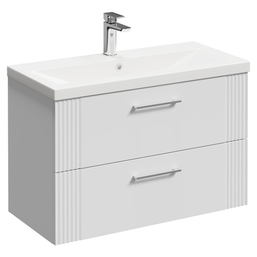 Avant Satin White 800mm Wall Mounted Vanity Unit with 1 Tap Hole Mid Edge Basin and 2 Drawers and Polished Chrome Handles Left Hand View