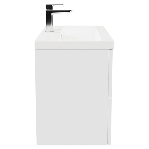 Avant Satin White 800mm Wall Mounted Vanity Unit with 1 Tap Hole Mid Edge Basin and 2 Drawers and Polished Chrome Handles Side View