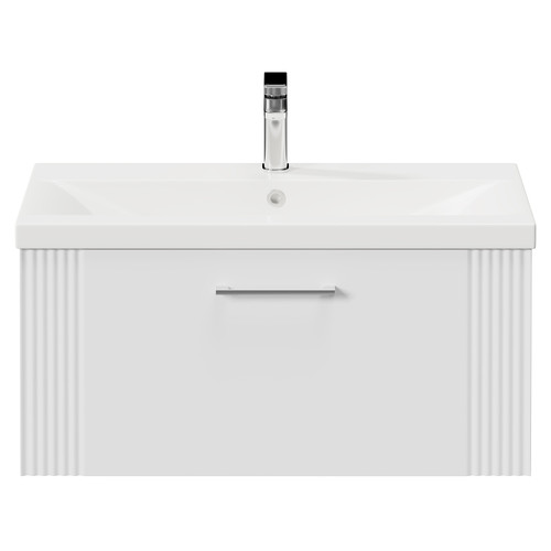 Avant Satin White 800mm Wall Mounted Vanity Unit with 1 Tap Hole Mid Edge Basin and Single Drawer with Polished Chrome Handle Front View