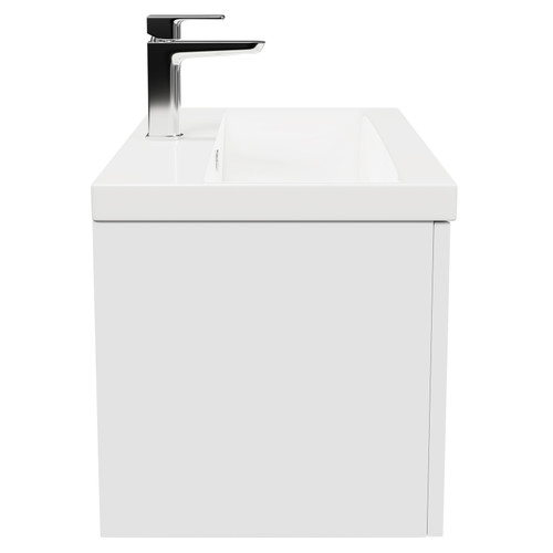 Avant Satin White 800mm Wall Mounted Vanity Unit with 1 Tap Hole Mid Edge Basin and Single Drawer with Polished Chrome Handle Side View